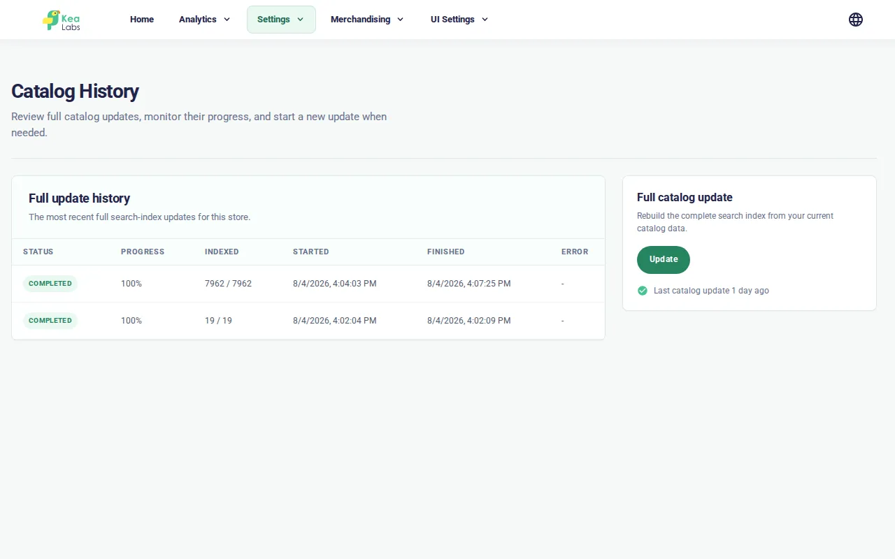 Catalog History page with completed full catalog updates