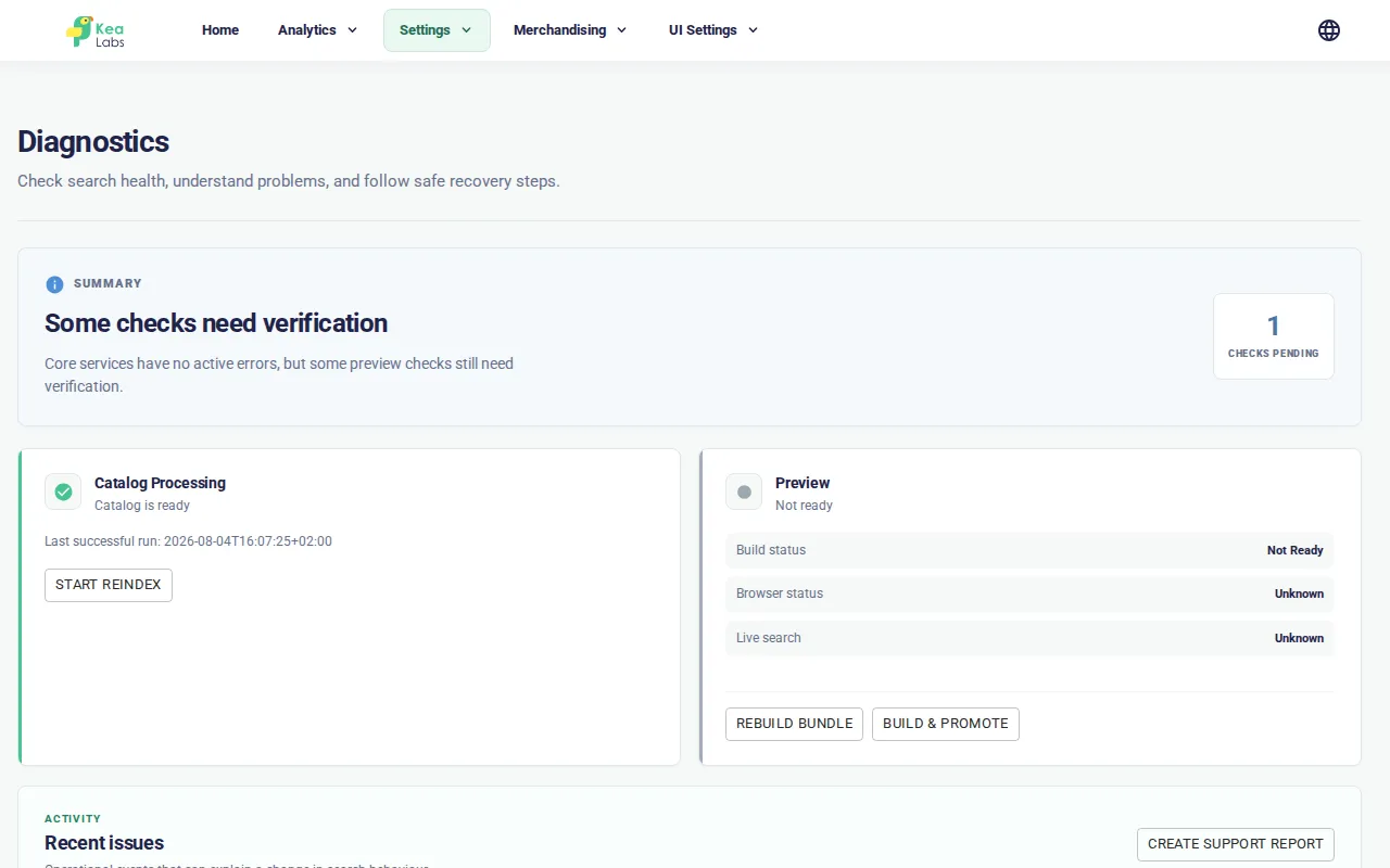 Diagnostics page with health summary, catalog processing, preview, and system information