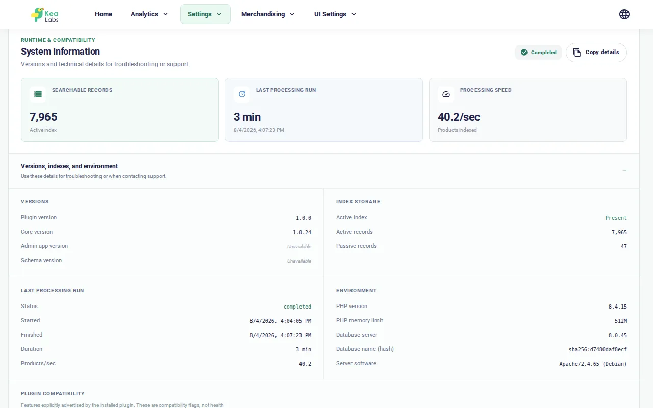 Runtime and compatibility details with the Copy details action