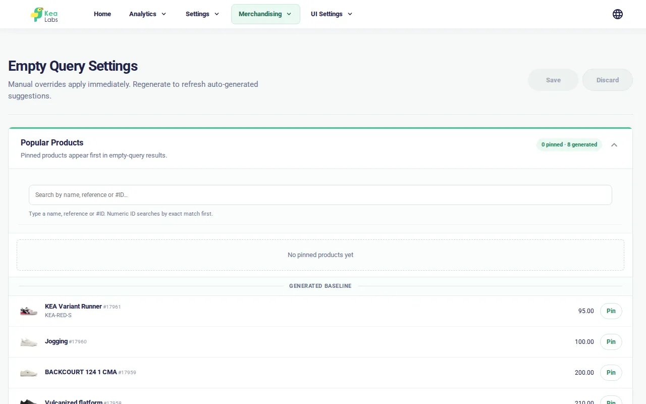 Empty Query merchandising page with generated product suggestions