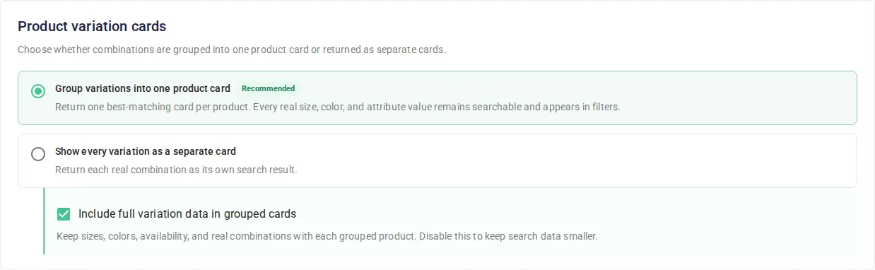 Grouped variation mode with the optional full variation payload enabled