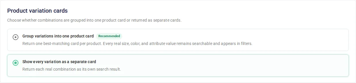 Individual variation mode returning each real combination as a separate card