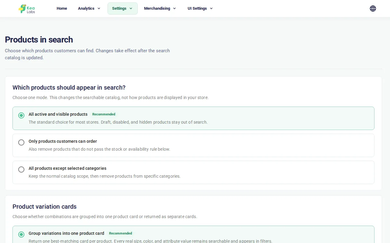 PrestaShop back office showing product eligibility and variation card settings