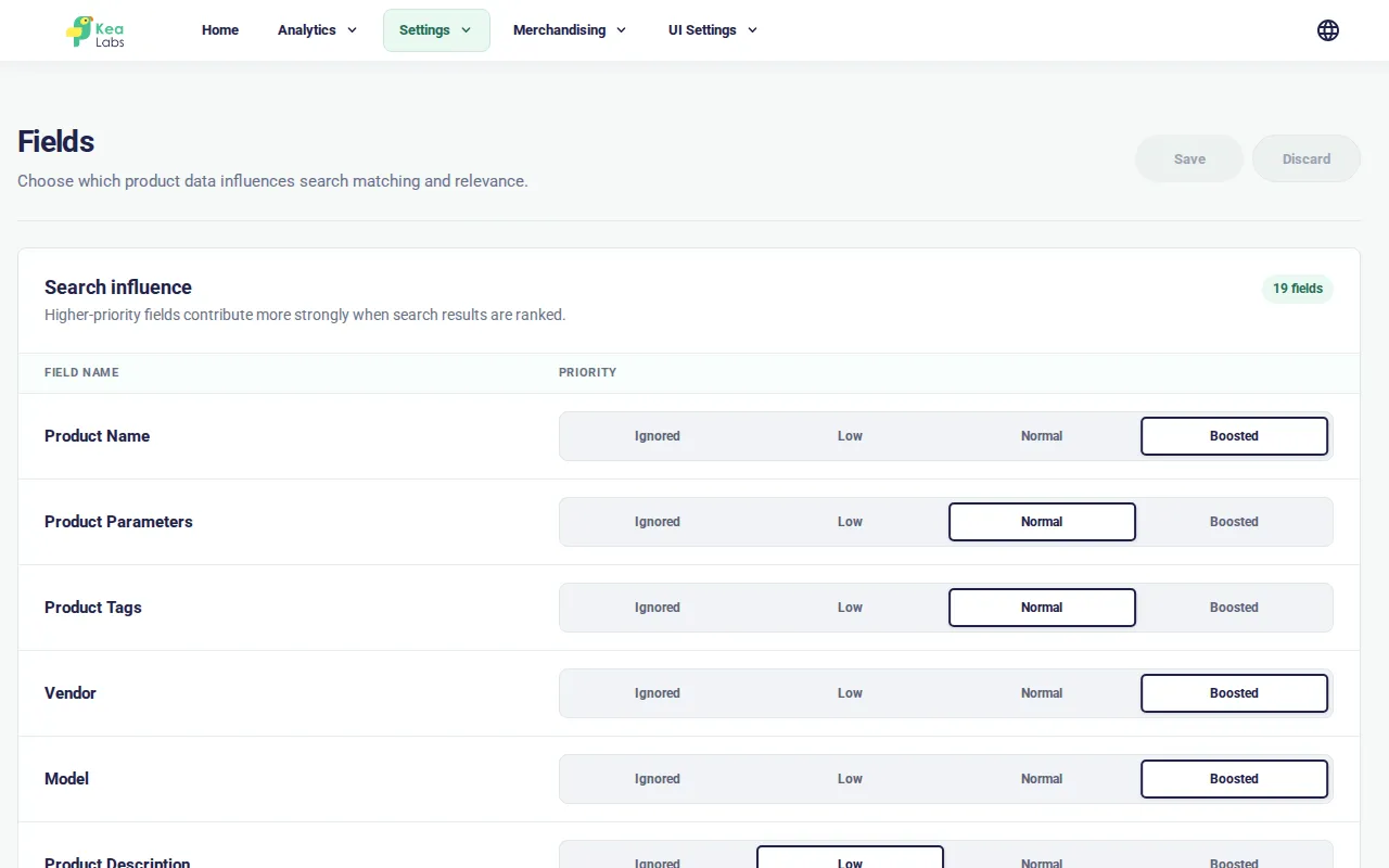 Fields page with readable field names and four-level priority controls