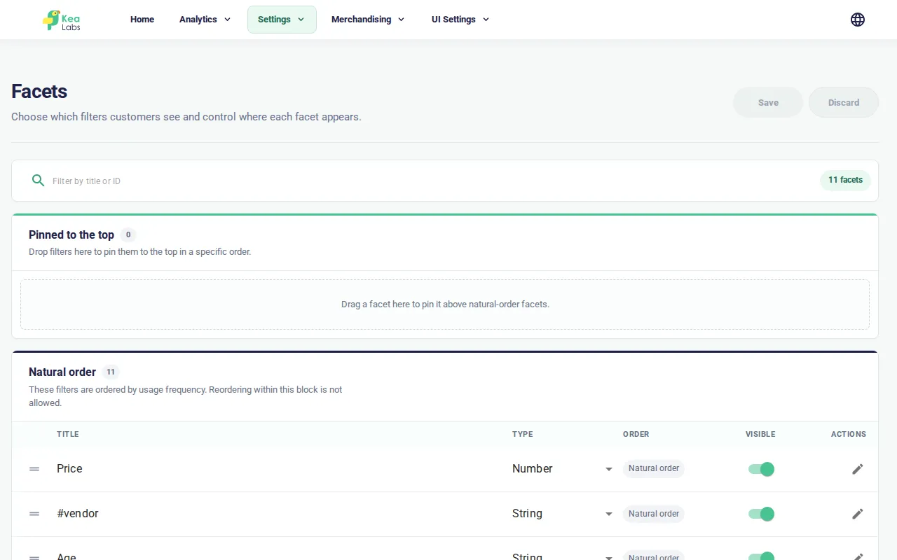 Facets page with a title-or-ID filter and three placement zones