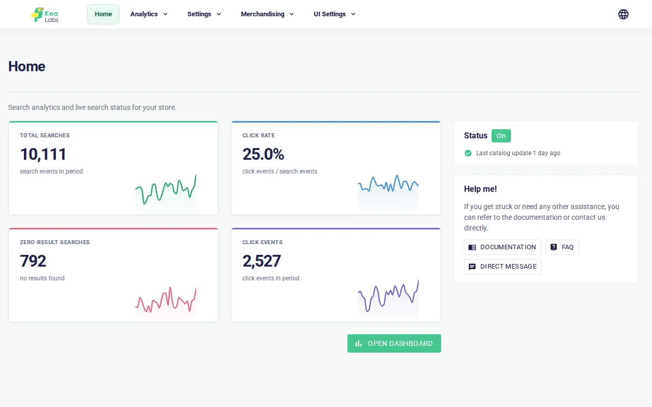 Home page with search analytics cards, live status, and help links