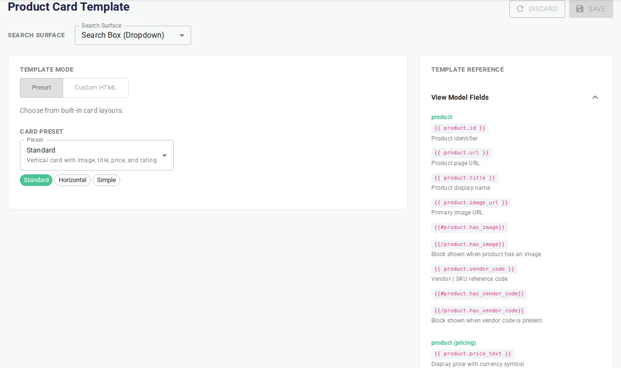 Product card template editor with preset and custom HTML controls