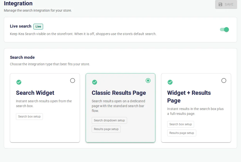 Integration page with live search toggle and Classic Results Page selected