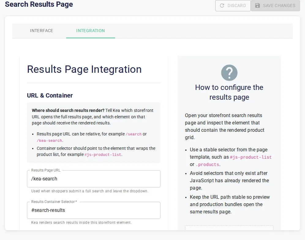 Search Results Page Integration tab with URL and results container selector fields