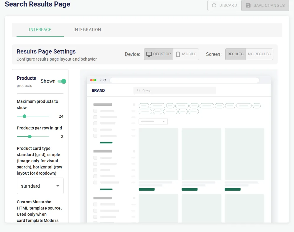 Search Results Page interface settings with product grid preview