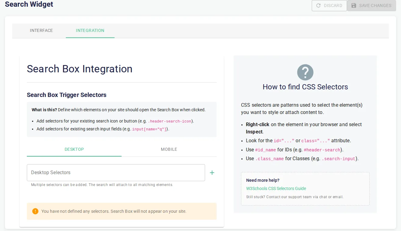 Search Box Integration tab with desktop and mobile CSS selector fields