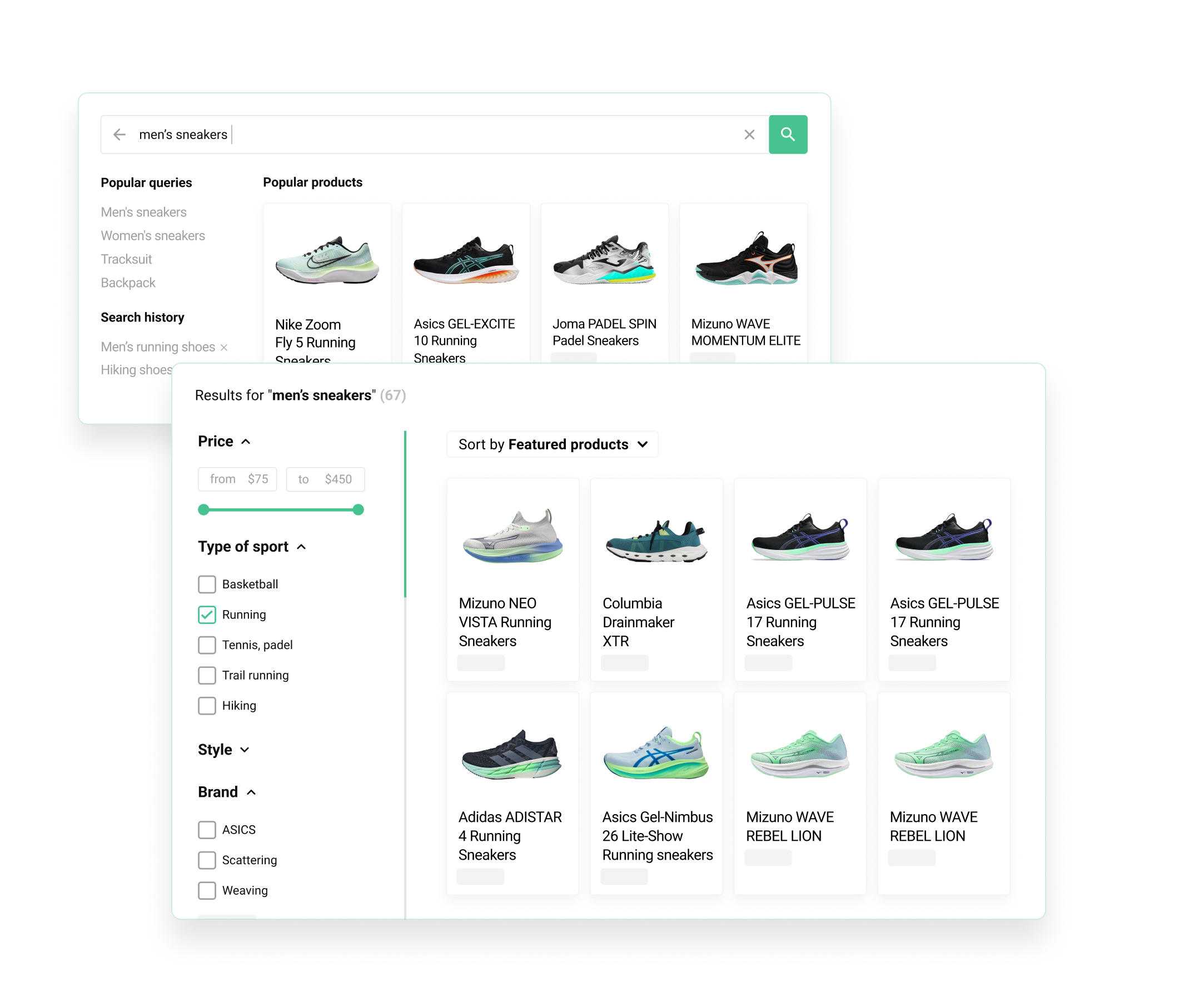 Kea Labs storefront search interface with autocomplete suggestions, product results, and filters